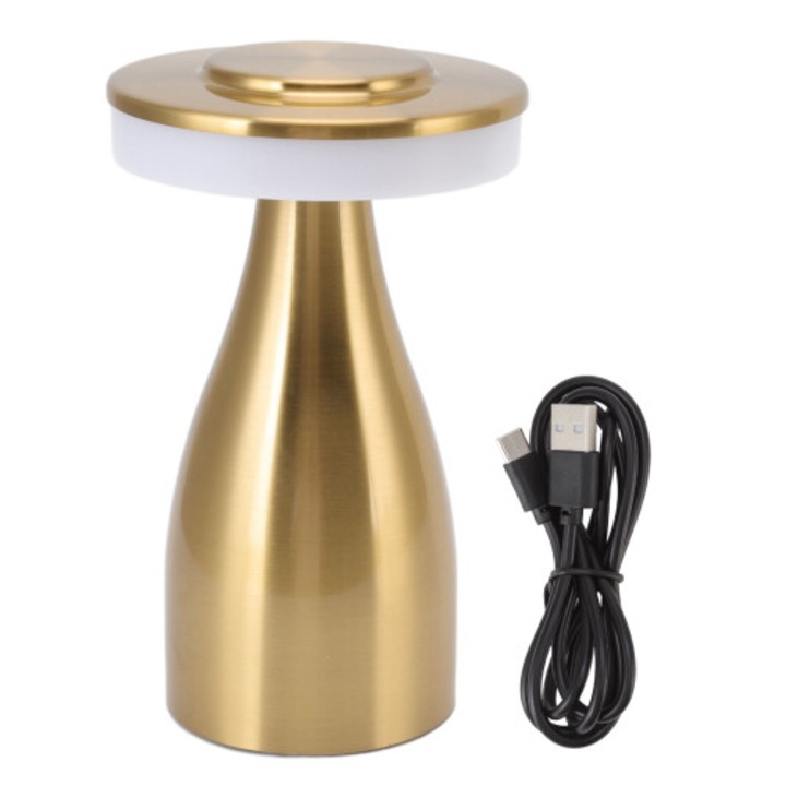 Lampa de birou USB reincarcabila, lampa de masa fara fir cu control tactil, 3 temperaturi de culoare dimabile, baterie 1800mAh pana la 15 ore, corp metalic, auriu/alb