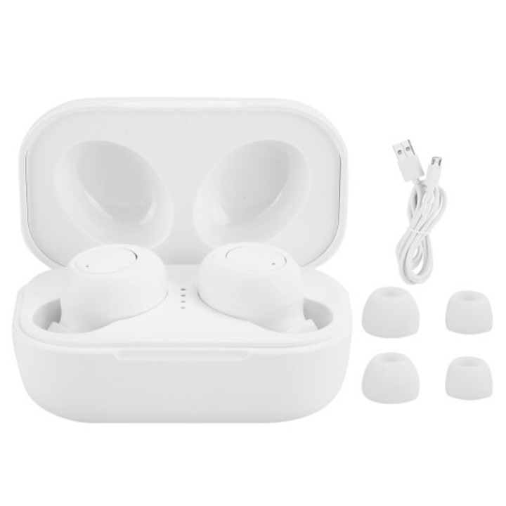 Vezeték nélküli fülhallgató, Bluetooth 5.0, magával ragadó sztereó hangzás, automatikus párosítás, UV sterilizáló tok, ultrakompakt, fehér, 1 szett