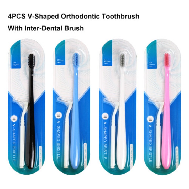 Set 4 bucati, Periuta de dinti ortodontica in forma de V, perisori ultra moi, tehnologie nano, maner ergonomic, cu periuta interdentara si curatitor de limba, Multicolor