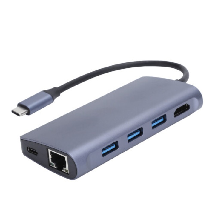 USB-C dokkolóállomás 8 az 1-ben, USB-C adapter, szupergyors adatátvitel, Power Delivery (PD) tápellátás, HDMI és Ethernet port kompatibilis, Szürke