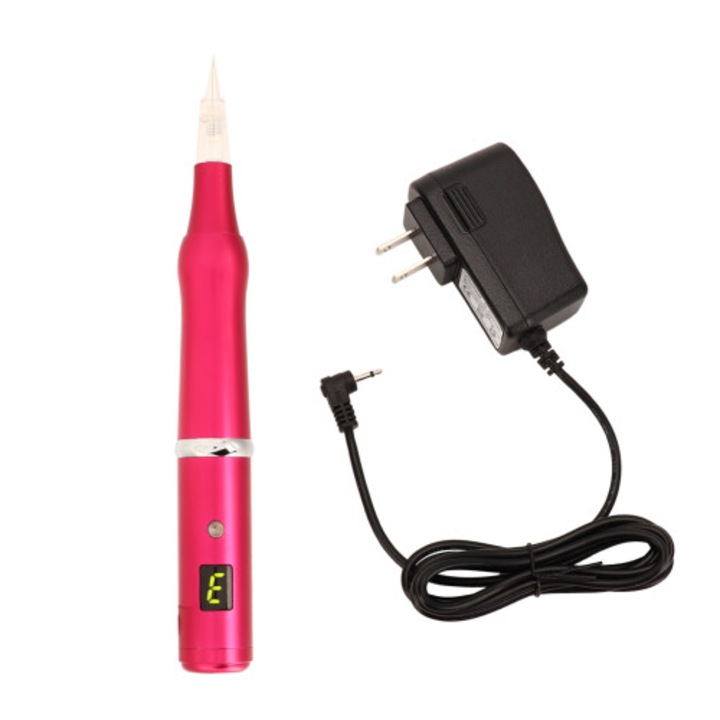 Aparat tatuaj cosmetic fara fir, pen tatuaj pentru sprancene si buze, design integrat al carcasei, viteza mare 35000 rpm, ergonomic, usor pentru utilizare profesionala, rosu, 1 bucata
