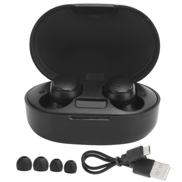 Vezeték nélküli in-ear fülhallgató, izzadságálló Bluetooth fülhallgató, ergonomikus kialakítás, CVC passzív zajszűrés, beépített mikrofon, érintésvezérlés, hangutasítások, töltésjelző, töltőtokkal, fekete, 1 pár