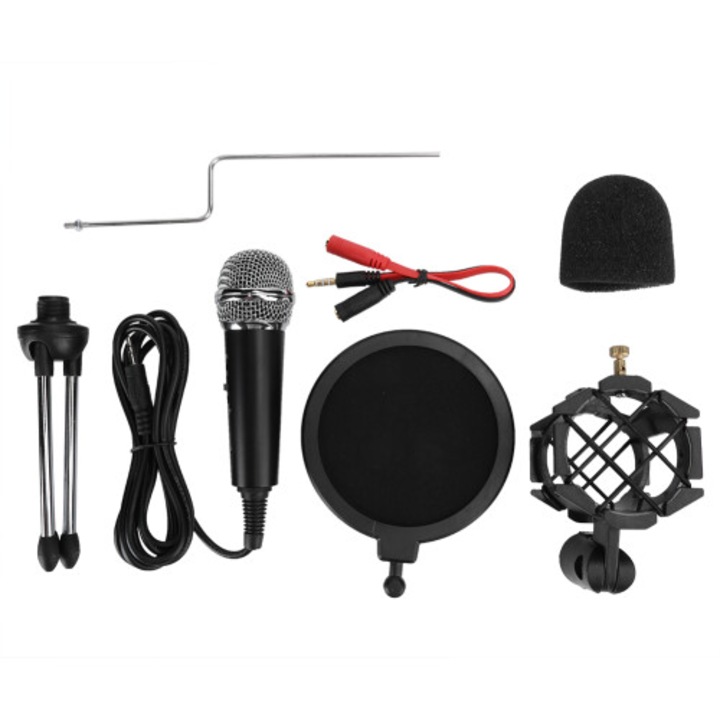 Microfon ultracompact pentru inregistrare muzicala, sensibilitate ridicata, reducere zgomot, negru