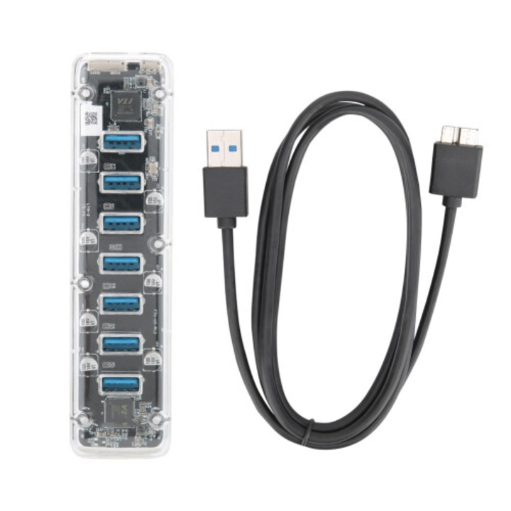 USB 3.0 Hub 7 portos, USB Type-A elosztó, átlátszó PC anyag, két tápcsatlakozóval, adapter mellékelve, akár 5 Gbps átviteli sebesség, lekerekített sarkok, 1 db