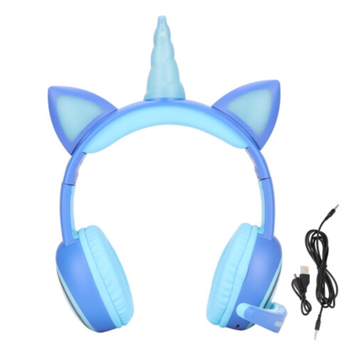 Ergonomikus gyermek fejhallgató, Bluetooth 2.0, hangerőkorlátozóval, biztonságos anyagok, vezeték nélküli/AUX, Kék, 1 db