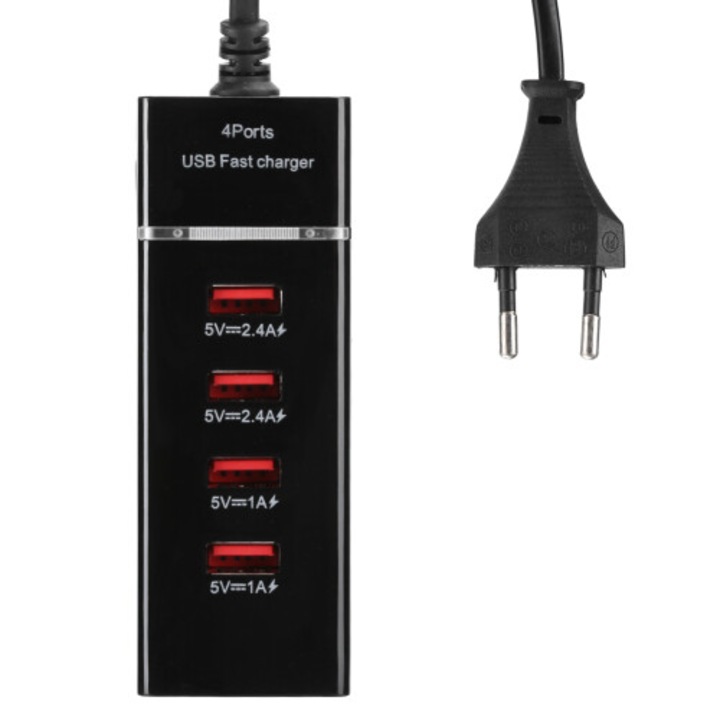 USB elosztó 4 portos, USB Multiport splitter, túlfeszültség és túláram védelemmel, LED állapotjelzővel, kompatibilis MacBook/Mac Pro/Mac Mini/iMac/Surface Pro/XPS/PC, Fekete, 1 db