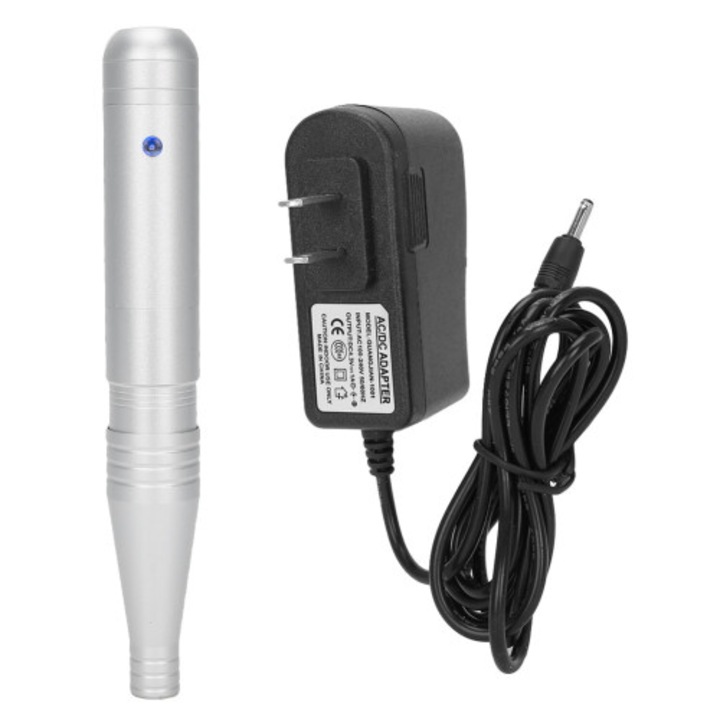 Aparat pentru tatuaj sprancene / micropigmentare, ergonomic, motor ultra-silencios, cip inteligent pentru descarcare uniforma a acului, 3 trepte de viteza, lungime ac reglabila, argintiu, 1 buc