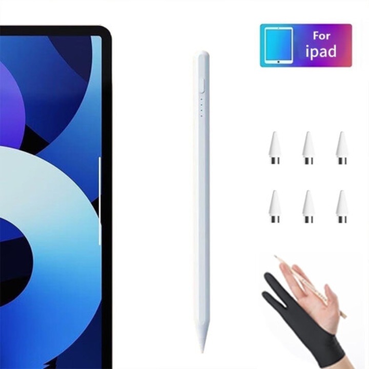Creion digital stylus compatibil cu iPad Air/Mini/Pro (2018-2025) si majoritatea tabletelor Android/telefoanelor, incarcare rapida USB-C 30 min, sensibilitate la inclinare, varf 1.5mm, Alb, 1 buc