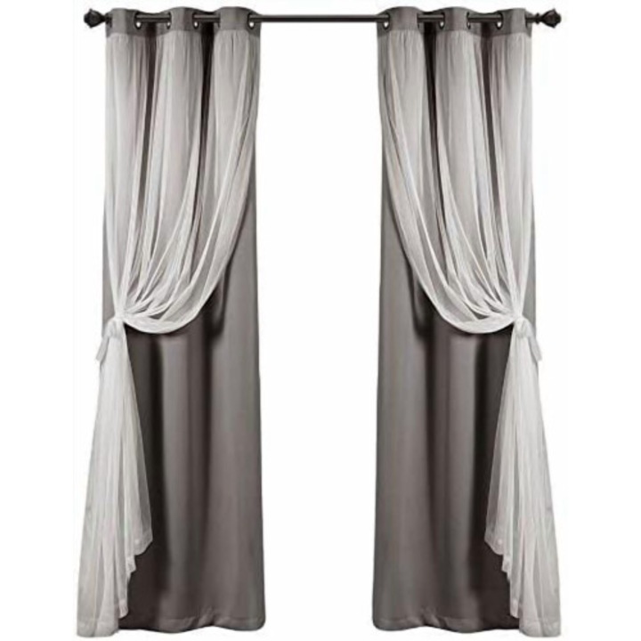 Sötétítő béléses függöny / sötétítő, tüll voile, 100% poliészter, fém karikák, Sötétszürke, 2 paneles szett 38 x 95 in (97 x 241 cm)