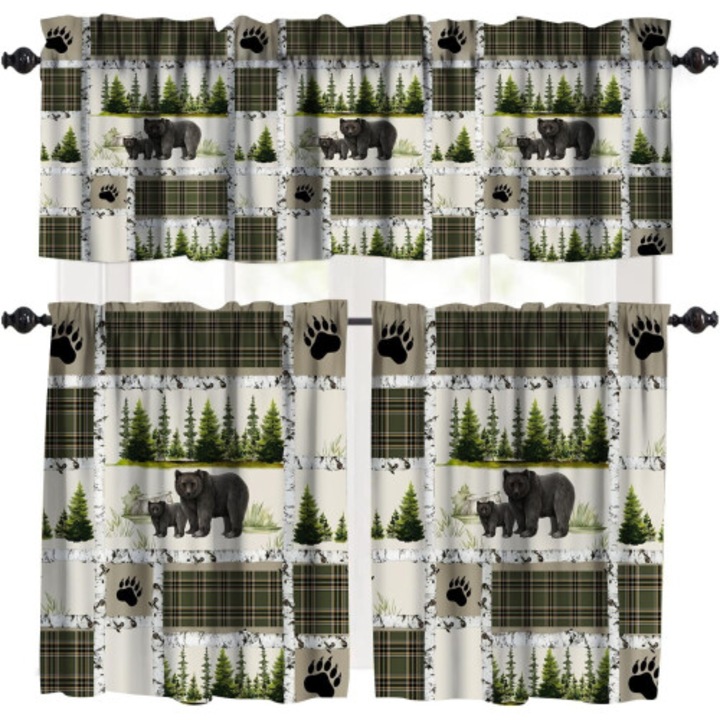 Rusztikus kabin stílusú blackout valance függöny szett, 137x45cm+68x91cmx2, fekete állatmintával