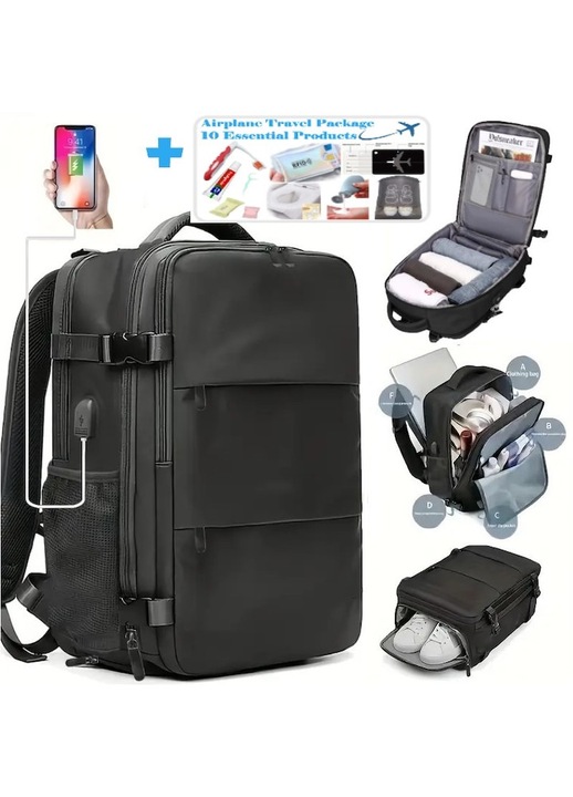 Rucsac Calatorie 40x30x20 cm, pentru Laptop, Business, Pentru Avion, Bagaj de Mana cu 10 Produse Aprobate TSA Incluse, Suau, Port de incarcare USB, Compartiment Incaltaminte Separat, Pana la 35 L, Impermeabil, Negru