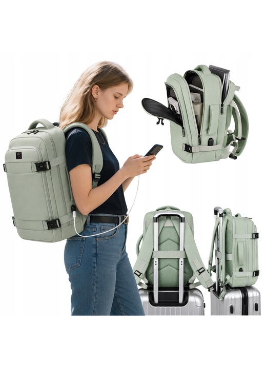 Rucsac de Calatorie 40x25x20 cm, pentru Laptop, Business, pentru Avion, Bagaj de Mana, Compatibil Ryanair si Wizz Air, Port de Incarcare USB, Prindere pentru Troler, Capacitate pana la 20 L, Impermeabil, verde
