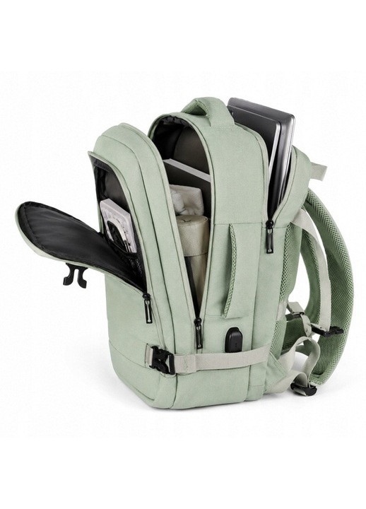 Rucsac de Calatorie 40x25x20 cm, pentru Laptop, Business, pentru Avion, Bagaj de Mana, Compatibil Ryanair si Wizz Air, Port de Incarcare USB, Prindere pentru Troler, Capacitate pana la 20 L, Impermeabil, verde