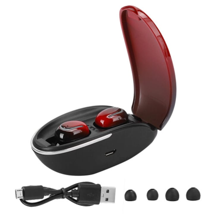 Vezeték nélküli Bluetooth 5.0 TWS in-ear fülhallgató, érintésvezérléssel, továbbfejlesztett basszussal, Fekete/Piros, Pár