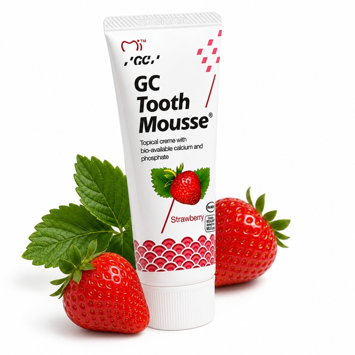 Crema dentara topica GC Tooth Mousse Strawberry 40g, gel mousse cu aroma capsuni, pentru ingrijire smalt si dinti sensibili, calciu, fosfat, Recaldent, aplicare locala, igiena orala acasa