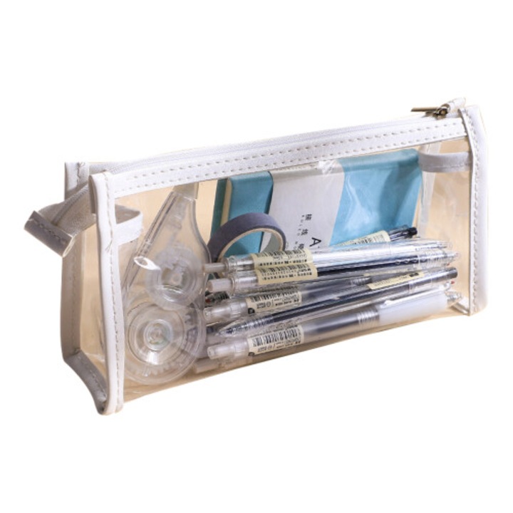 Penar si borseta cosmetica din nylon si plasa transparenta, organizator portabil cu fermoar, transparent/alb, 105x210 mm