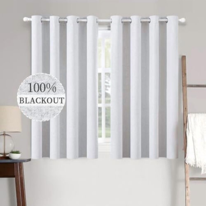 Perdea draperie blackout imitált vászonból, hőszigetelő, 100% fényzárás, 8 fémgyűrűvel panelenként, triple weave technológia, 52x96 hüvelyk (132x244 cm), 2 panel, szürke-fehér