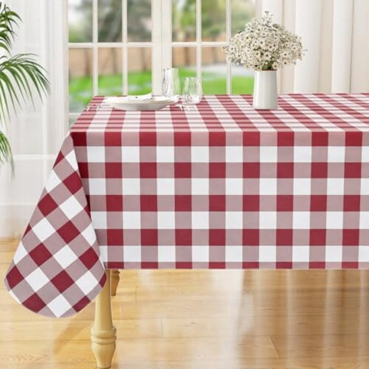 Asztalterítő, vízálló asztalhuzat vinil réteggel, flanel hátoldallal, letörölhető és újrafelhasználható, piros/fehér, 60"x120"