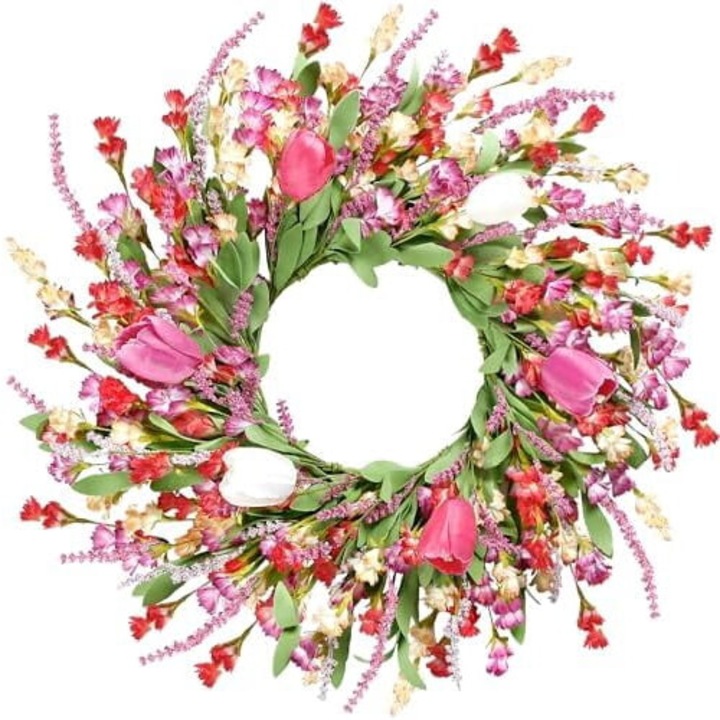 Tavaszi-nyári díszkorona tulipánokkal, levendulával és zöld levelekkel 56x56cm