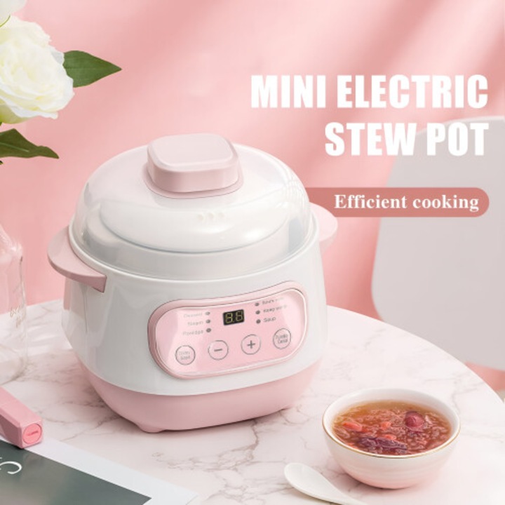 Oala electrica mini HIBIBUD, slow cooker, vas ceramic, programare inteligenta 24h, protectie anti-ardere, operare usoara, roz/alb, 1L