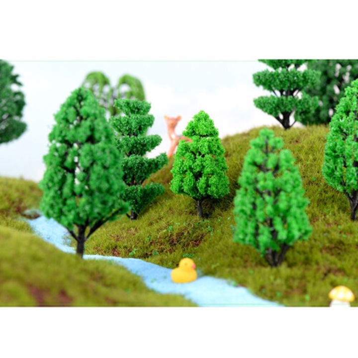 10 db zöld miniatűr fa készlet, műanyag, 6x5x5cm, mikro táj dekoráció