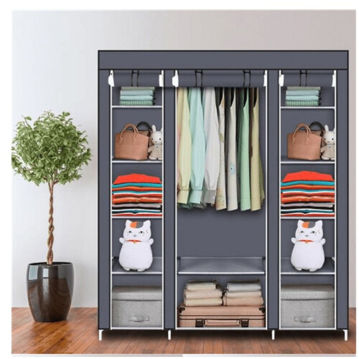 Dulap portabil organizator haine 147x44x174cm gri cu 12 rafturi si bara de umerase