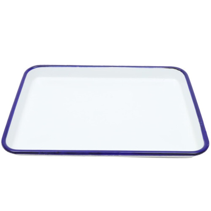 Zománcozott, tapadásmentes, kopásálló, sütő- és fagyasztókompatibilis téglalap alakú sütőtepsi / sütőedény, fehér/kék, 27x19x2.5 cm