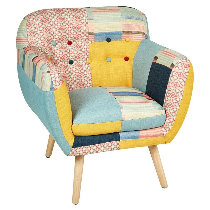 Melby Beliani fotel, többszínű patchwork textil, 68x59x77 cm, spirálrugók, 150 kg teherbírás