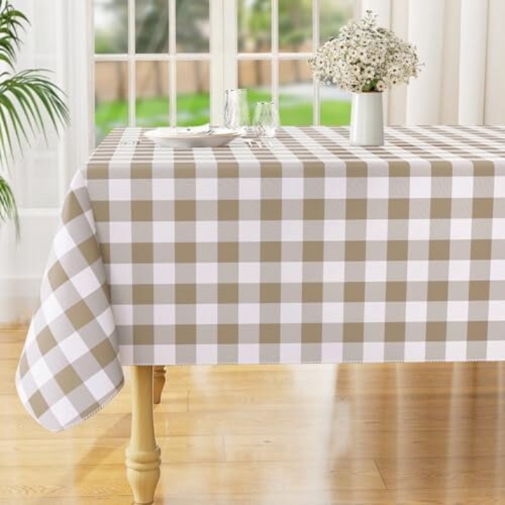 Asztalterítő, vízálló vinil asztalközép puha flanel hátlappal, kockás mintával, foltálló és újrafelhasználható, khaki/fehér, 60"x102"