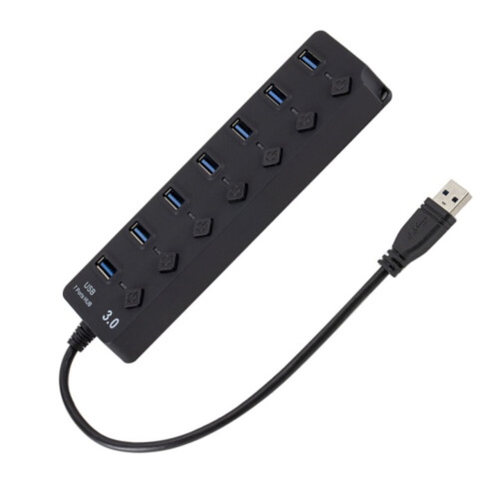 USB 3.0 elosztó, 7 portos, fekete, 17x4.5x2cm