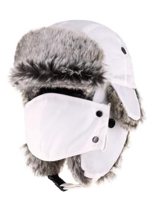 Caciula trapper unisex din textil cu blana ecologica, impermeabila, masca detasabila si curea la barbie reglabila, Ushanka, alb