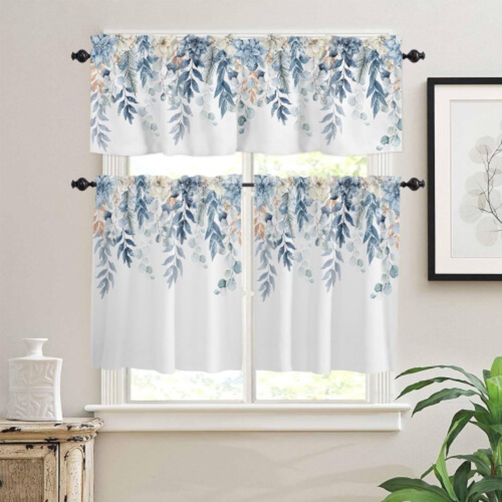 Poinsettia konyhai függöny/drapéria szett, poliészter, rúdtartó zsebbel, fehér kék mintával, 3 részes (2 rövid függöny + 1 valance), 27.5x24 inch
