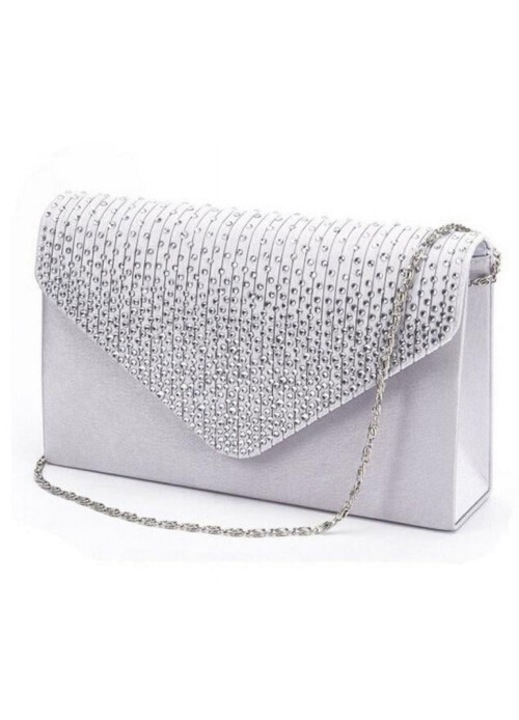 Szatén borítéktáska crossbody strassz applikációval és lánccal, Ezüst, 21x13x5 cm