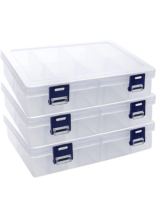 Set 3 bucati, Cutii depozitare din plastic PP transparente, 8 compartimente cu divizoare detasabile (separator central fix), Potrivite pentru bijuterii si accesorii mici, Transparent, 3 x 19.7 x 13.2 x 4.6 cm