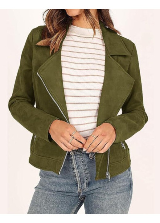 Jacheta dama piele intoarsa toamna verde maneca lunga fermoar buzunare, L INTL