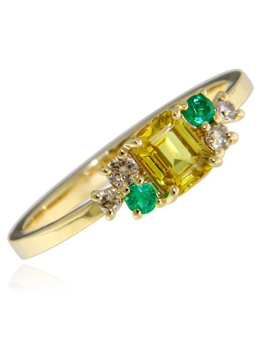 Inel aur galben 14K cu safir galben, smaralde si diamante naturale