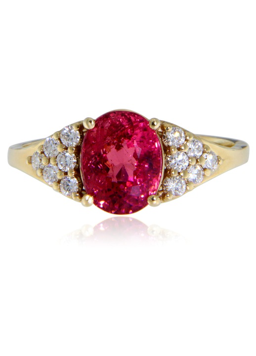 Inel aur galben 14K cu turmalina roz si diamante naturale