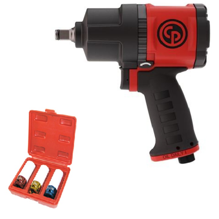 Pistol pneumatic de impact Chicago Pneumatic CP 7748, ax 1/2", cuplu 1300 Nm echipat cu set de tubulare de impact cu protectie pentru jante din aliaj 17, 19 si 21 mm