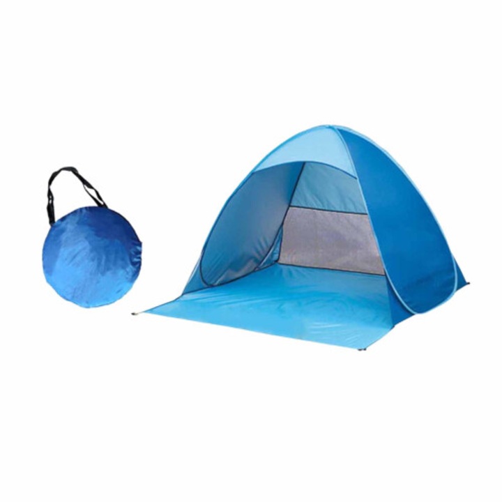 Pop-up strandsátor, víz- és szélálló, szellőzéssel és hálóval, 98%-ban blokkolja az UV sugarakat (190T poliészter), kék, 1 db