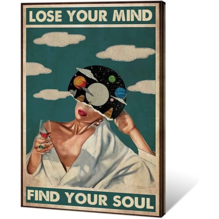 Tablou canvas, Vintage Fii bun cu mintea ta, Poster decorativ pe panza, Inspirativ pentru sanatatea mintala, Stil vintage cu motive botanice verzi, Multicolor, 30x40/40x60/60x90 cm