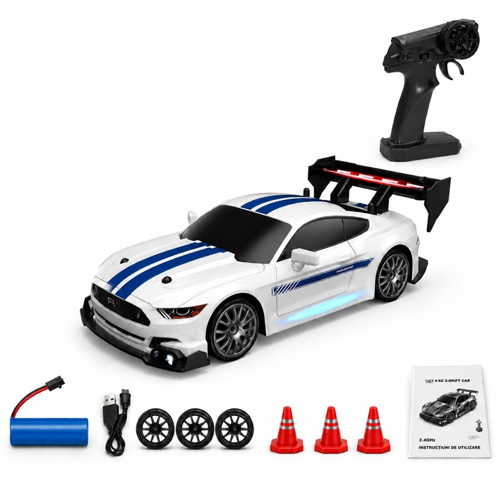 RC Drift Versenyautó NO.8602, Távirányítós Autó 2.4GHz, 1:24 Méretarány, 4WD, LED Fényszórók, 3 Drift Mód, 30 Km/H Sebesség, 30 Perc Üzemidő, Újratölthető Akkumulátor, USB Töltés, Drift Kerekek, Kúpok, Smart Gadgets C&A, Fehér Kékkel