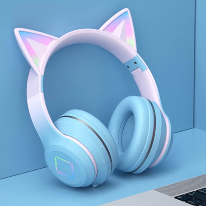 Vezeték nélküli fejhallgató gyerekeknek, Bluetooth 5.1, világító RGB fülekkel, összecsukható, hangerőszabályzóval és mikrofonnal, kék, 1 db