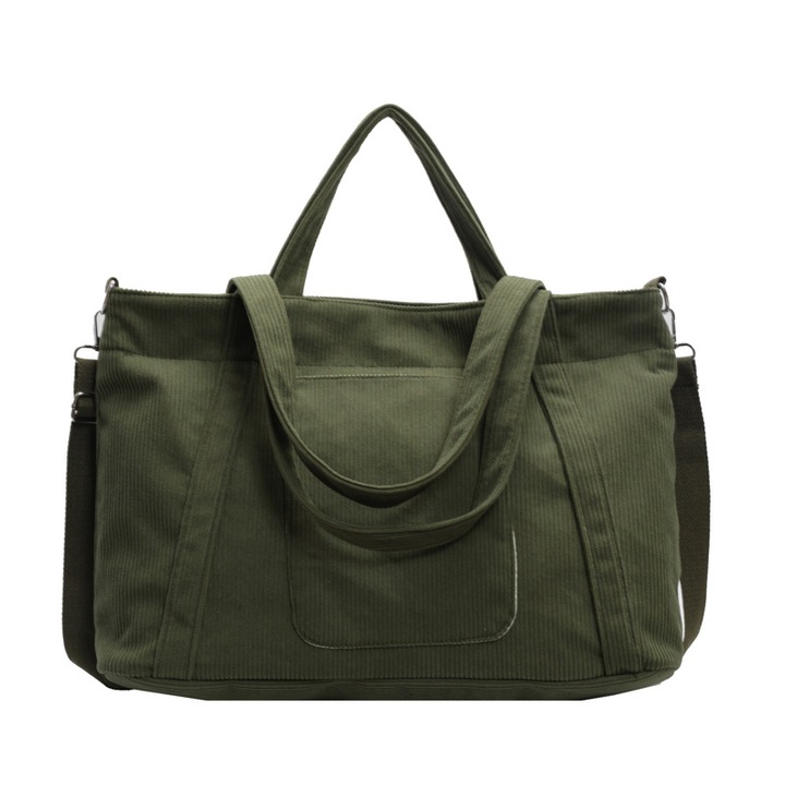 Geanta pentru laptop din corduroy, cu compartiment pentru laptop 17'', buzunare multiple si curea reglabila, verde kaki, 45 x 30 x 14 cm