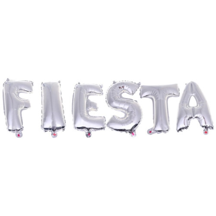 6 darabos szett, Fiesta betű fólia lufik, alumínium fóliából, fesztivál tematikus dizájnnal, ezüst, 43 x 26 x 0.1 cm