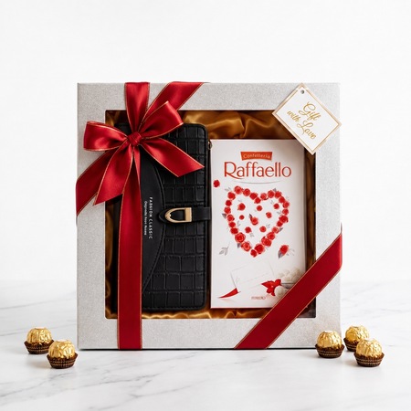 Set cadou elegant pentru femei – portofel, esarfa satinata si bomboane raffaello