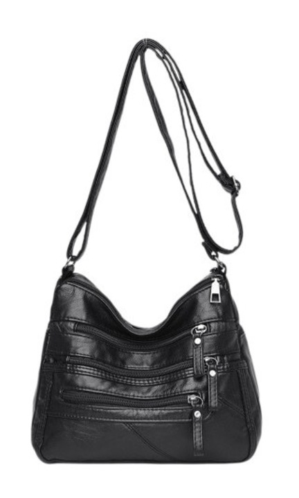 Crossbody táska/kézitáska ökológiai bőrből, nagy kapacitású, 6 cipzáras rekesszel, széles állítható pánttal, fekete, 25x20x11 cm