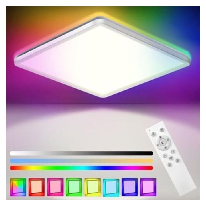 Plafoniera LED 24W reglabila cu telecomanda, 7 culori RGB si temperatura 3000-6500K, 3200 lm, Alb/Multicolor, O29cm