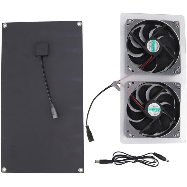 Kit ventilator cu panou solar 100W, dublu ventilator, panou monocristalin 12V, etans IP67, zgomot redus 34 dB, negru, 1 set