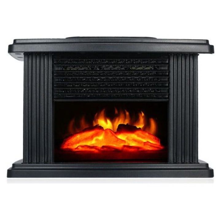 Semineu electric 1500W, cu efect flacara, telecomanda, iluminare LED, 2 trepte de incalzire 750/1500W, oprire termica, silentios, 33,5x7,87x9,76 cm, Negru, 1 buc