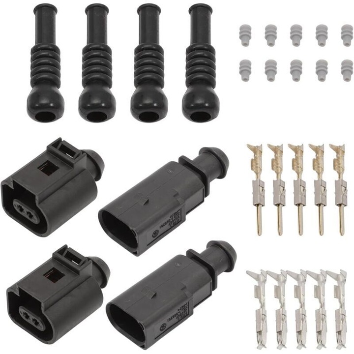Set 2 bucati, Conector 2 pini compatibil VW Audi Seat Skoda 1J0973702 1J0973802 6N0906102, mufe masculin/feminin, etans cu garnituri si capace de protectie, borne 0,50 mm², Negru, 2 x set